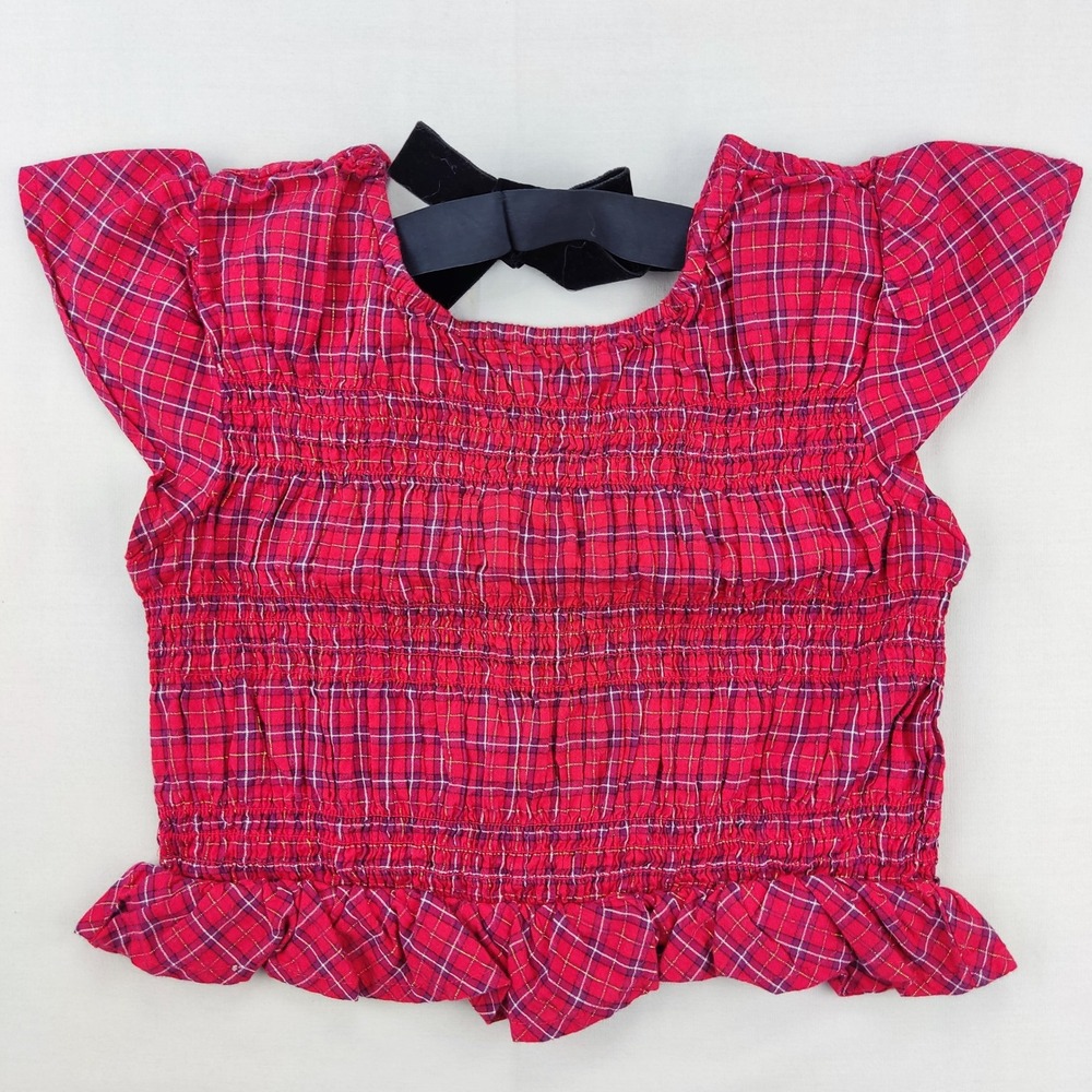 Old Navy Top Girls L 10-12 Red Plaid Smocked Flutter Sleeve Velvet Bow Holiday